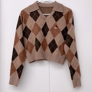 Tan & Brown Argyle Cropped Sweater with Teddy Bear Patch